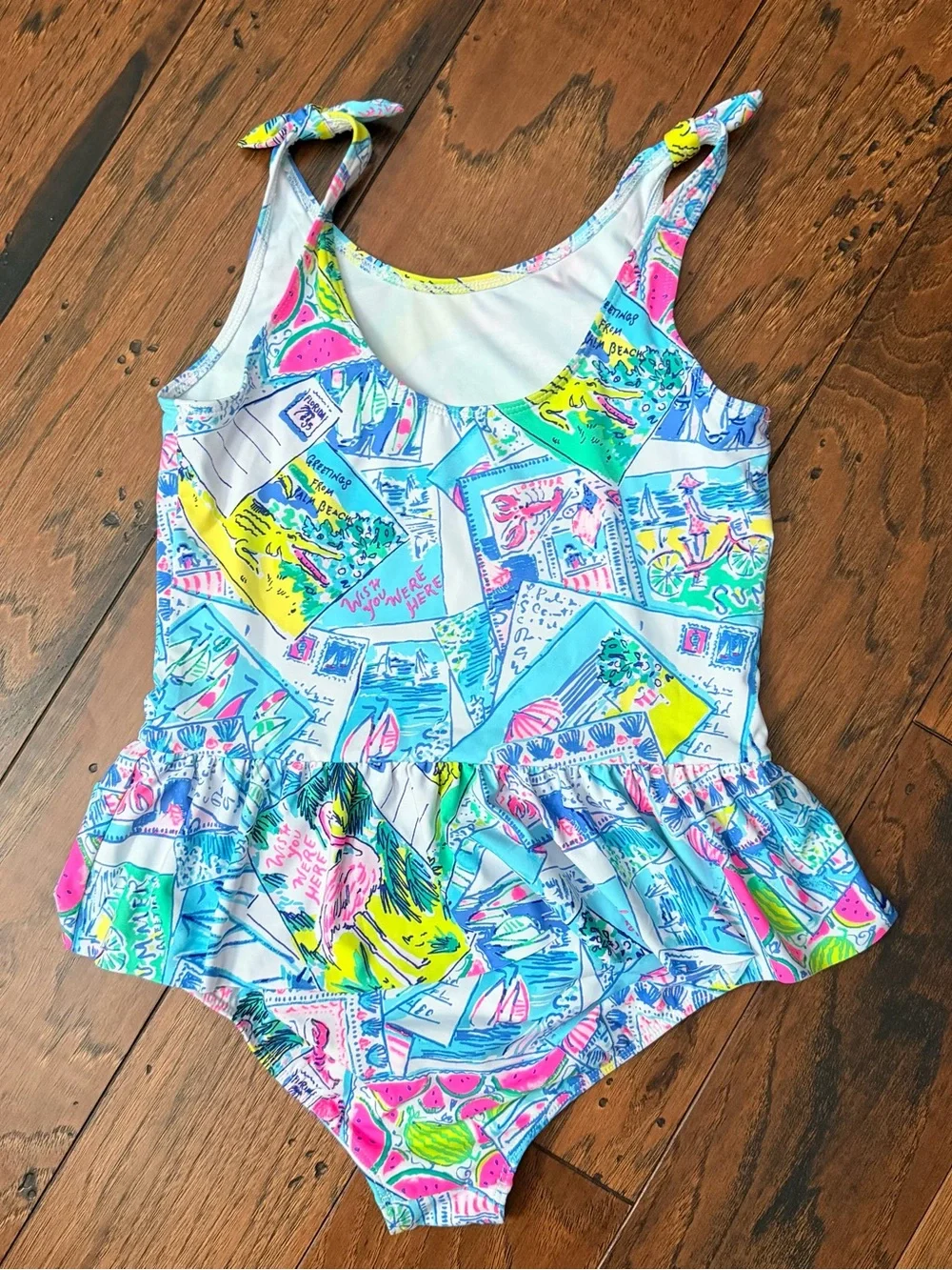 Lilly Pulitzer Kids One-Piece Swim Suit with Ruffle - Greetings from Palm Beach